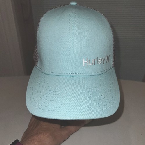 Hurley and Logo in White on Mint w Gray Mesh Trucker Hat Cap Snapback EUC