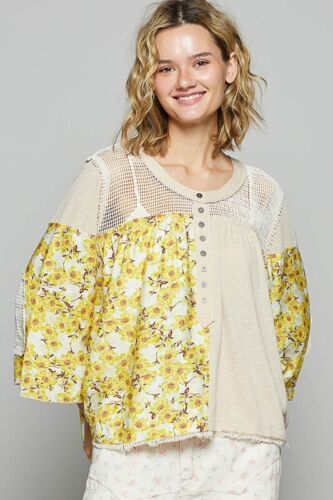POL Blouse Almond Floral Print Washed Crochet Detail Long Sleeve Top - Picture 2 of 4