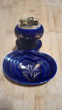 Vintage Blue Porcelain Table Lighter and Ash Tray Smoking Set w/gold floral 