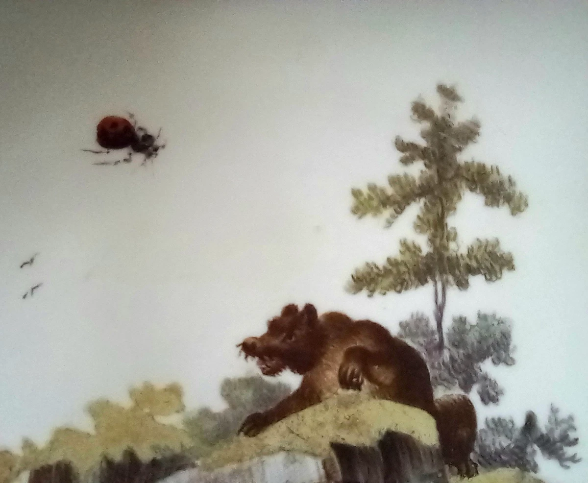Höchst Porzellan Teller,Schale 18.Jhd ,Bär in Landschaft m.Insekten, 12,5 cm