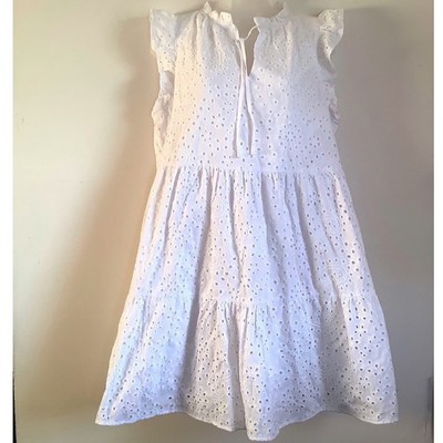 Time and Tru Womens White Eyelet Tiered Mini Dress Ruffle Neck TT23100071997E M