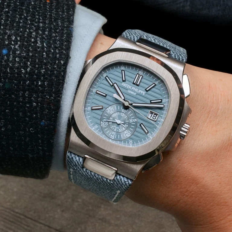 Patek Philippe Nautilus 5980/60G Watch Blue Denim Strap Blue Dial