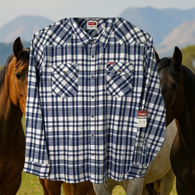 Wrangler Mens Long Sleeve Button Up Collared Shirt 3XL Plaid Pockets Blue Plaid