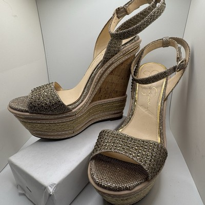 #ad #ad Women Sz. 7.5 Jessica Simpson Mega Platform Wedge Heels Gold Nude Rhinestone $39.00