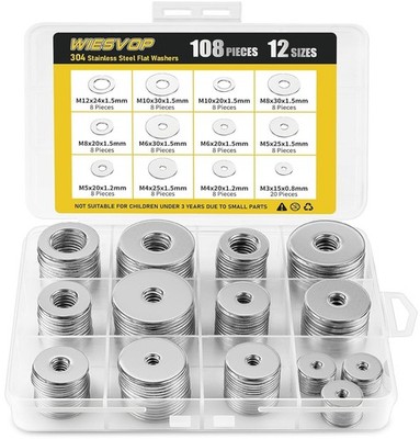 108Pcs 304 Stainless Steel Flat Washers, Fender Washers Assortment Kit 12 Sizes