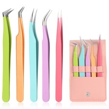 5pcs Eyelash Extension Tweezers High Precision Straight and Curved Pink