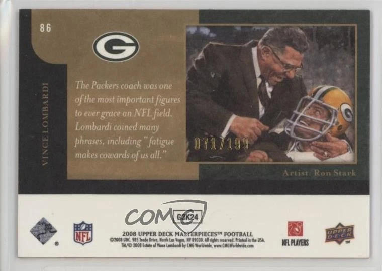 2008 Upper Deck Masterpieces Red Framed /199 Vince Lombardi #86 HOF - Image 2 of 2