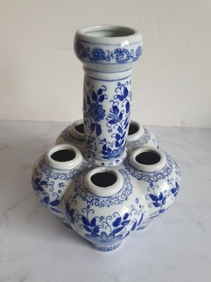 Vintage Tulpe Tulipiere Blumen Vase blau weiß 6 Löcher florales Design Dekor