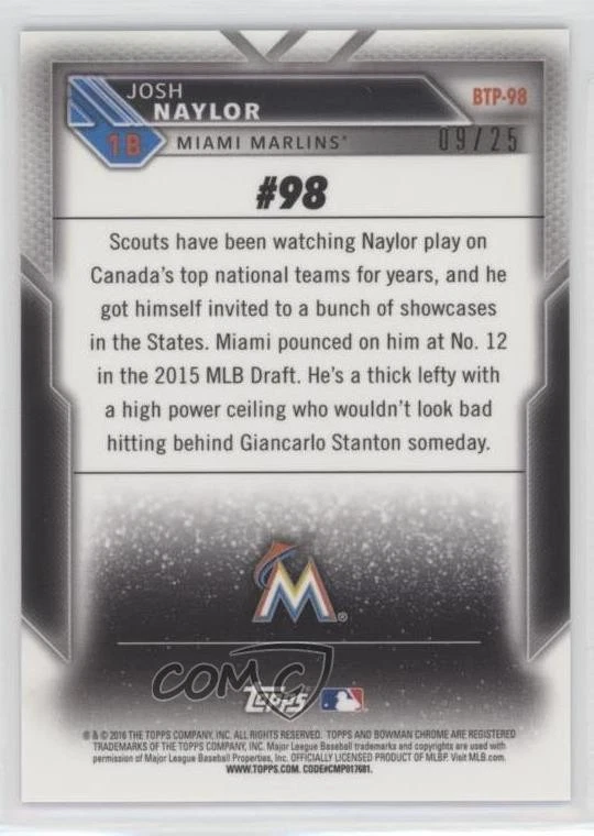 2016 Bowman Bowman Scouts' Top 100 Orange Refractor /25 Josh Naylor #BTP-98 - Image 2 of 2