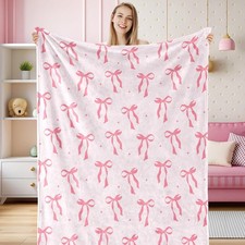Pink Bow Fuzzy Blanket, 50 x 60 Inch, Cute Bowknot Throw, Cozy Flannel, Soft