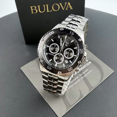 #ad Men Bulova Classic Marine Star Black Dial Chronograph 98B401 Quartz Watch 41.5mm $139.00