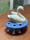 Vintage Rare Haeger Art Pottery  Swan Flower Frog,  Blue and white 4 1/8" high