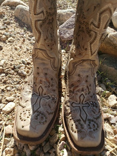 Stivali Corral donna beige/argento borchie incrociate pelle stivali western 8,0 M - Foto 10 di 24