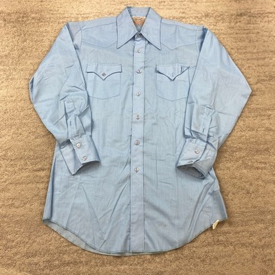 VTG H Bar C Ranchwear Shirt Medium 15 Blue Rodeo Cowboy Dagger Point Men 70s 80s