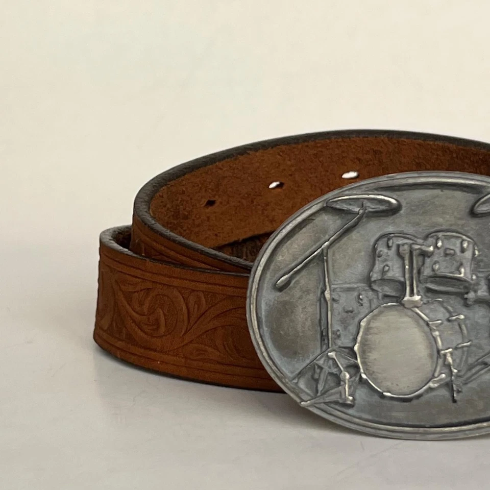 Siskiyou Drum Buckle Drummer Metal Silver Tone W/Justen Leather Brown Belt USA - Image 4 of 4