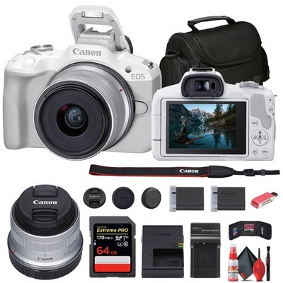 Canon EOS R50 Mirrorless Camera w/ 18-45mm Lens (White) + 64GB Card + Bag + More
