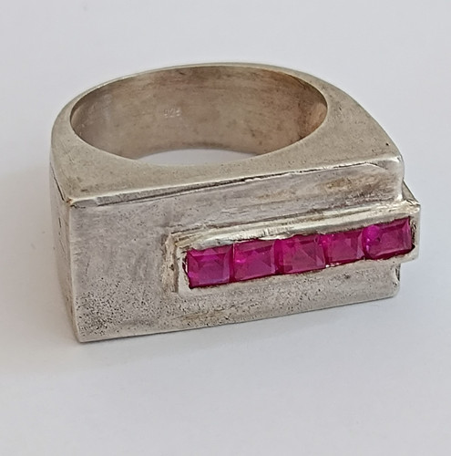 Silver Ruby Ring Modernist Geometric Rectangle Brutalist Artisan Statement VTG