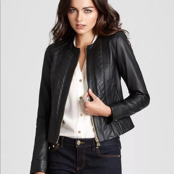 Tory Burch Womens Brown Leather Daphne Lambskin Cropped Moto