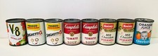 LOT/8 VINTAGE METAL MINIATURE CAN PLAY FOOD TOYS 1960'S-1970'S V-8, GERBER, SOUP