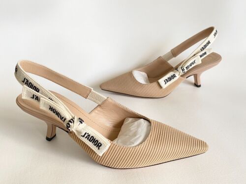 CHRISTIAN DIOR J'ADIOR FABRIC & RIBBON BEIGE KITTEN HEEL SHOES SLINGBACKS 38 - Picture 1 of 12