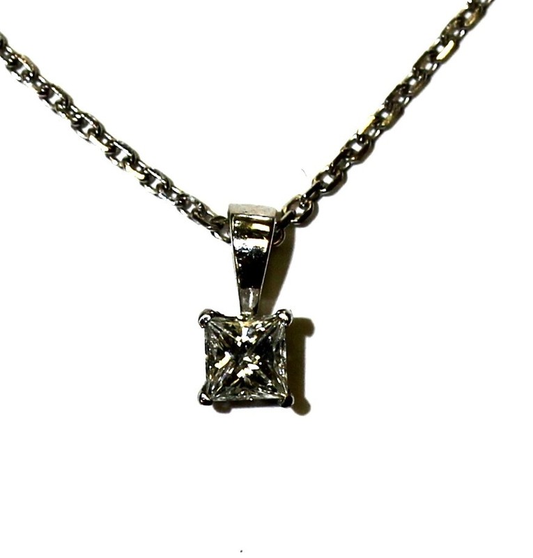 GIA certified 14k white gold .36ct princess diamond solitaire pendant necklace