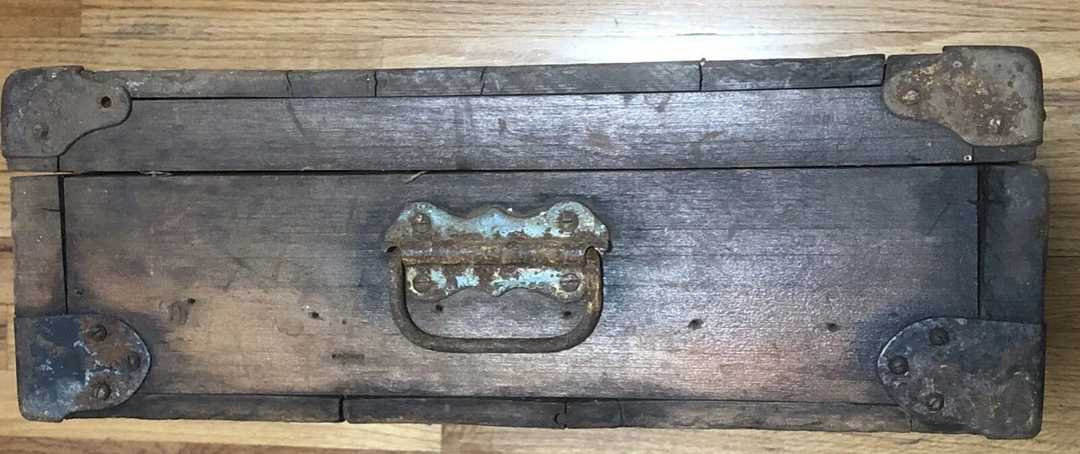 Antique Large Hand Made Wood Tool Chest Box Metal Corners Brass