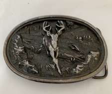 Vintage Brass Belt Buckle Hunting White Tail Deer Heavy 3D Wildlife Scene USA