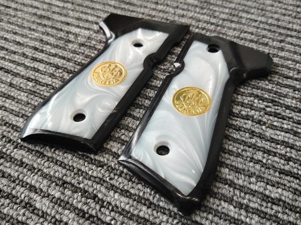 Beretta 92 fs grips white pearl resin with gold medaillon black wood 92F 92A1 92 - Image 3 of 4