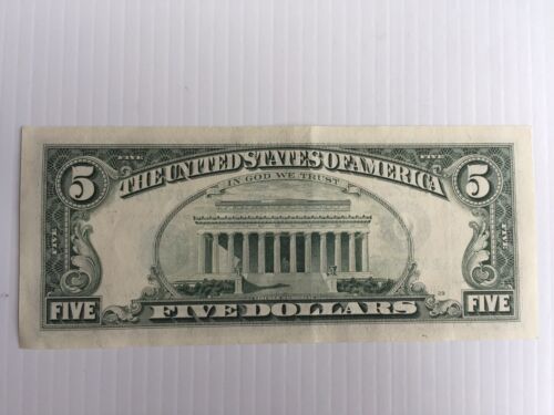 1995 Federal Reserve Note $5 Dollar Bill - Picture 3 of 4