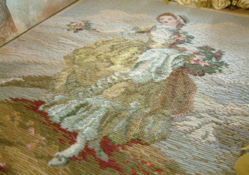 Victorian Era Young Beautfy Gathering Roses Tramme Needlepoint Artistic Tapestry - Image 3 of 4