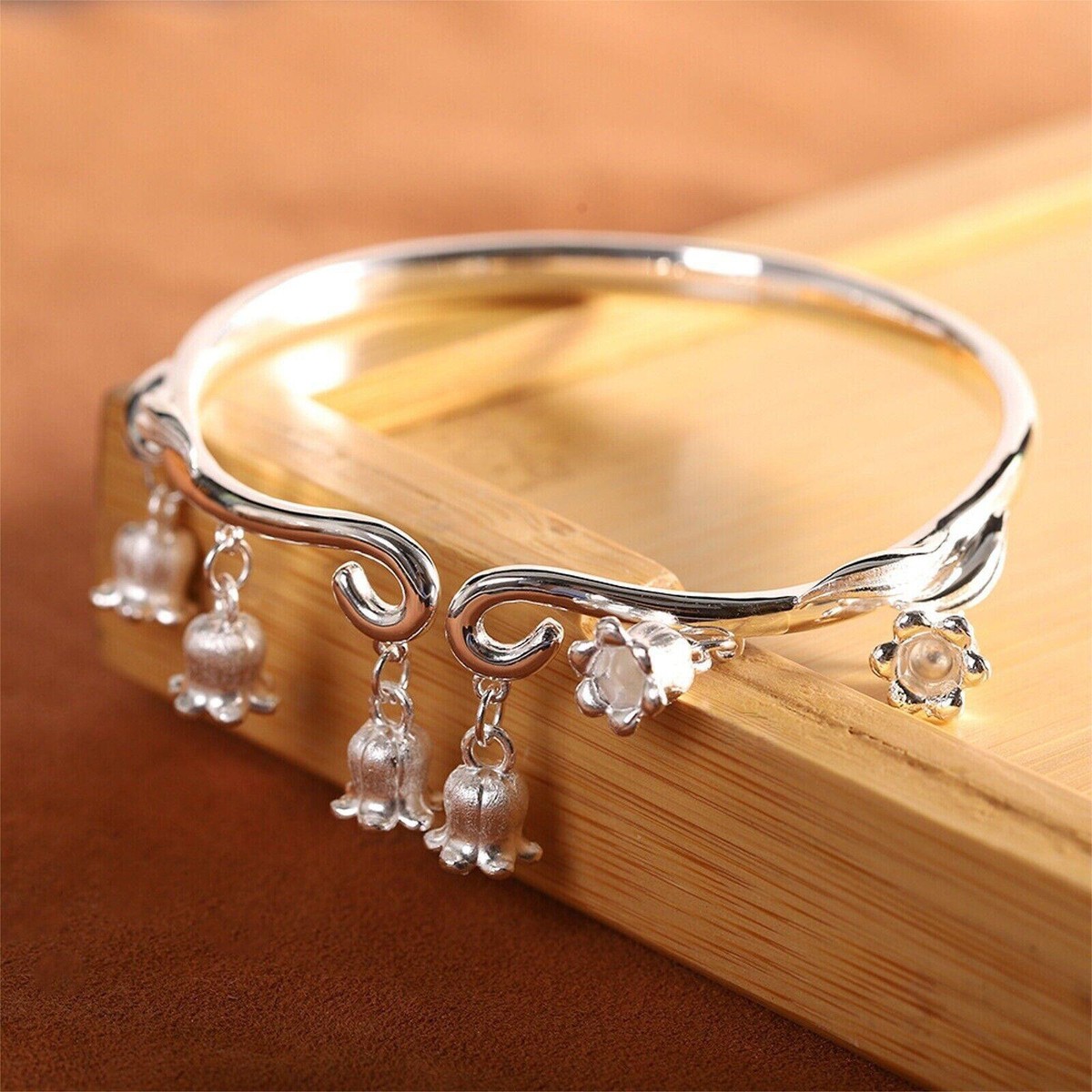 Pure 999 Fine Silver Bangle Women Lucky Bell Flower Tassel Cuff