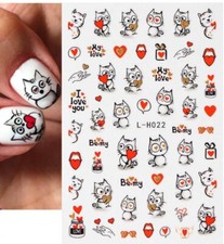 Nail Art Stickers CUTE CARTOON CATS LOVE HEARTS VALENTINES DAY  L-H022