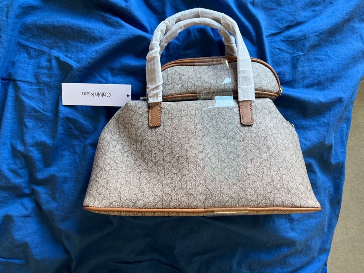 Calvin Klein handbag top handle leather satchel With Pouch Tuape/almond  Color