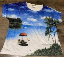 Rebecca Malone Sz Petite PL Colorful Beach Graphic SS Pullover Top Silver Dots