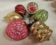 6 Antique German Mercury Glass Feather Tree Christmas Ornaments Bumpy Red Pink