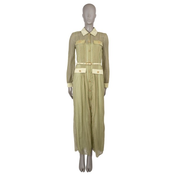 74217 Auth GUCCI Herbal Tea Green 2024 Horsebit Lace Shirt Dress 42 M