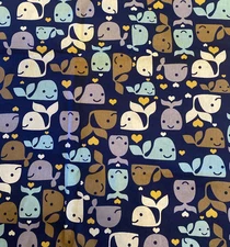 Happy Whales on Blue JoAnn Cotton Quilting Fabric Navy Tan White BY Half Y W13