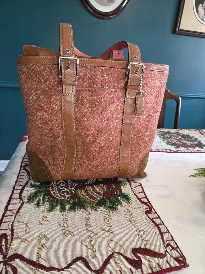 COACH Rare Hampton Tote Bag Tweed Brown Leather Suede Classic - Image 2 of 4