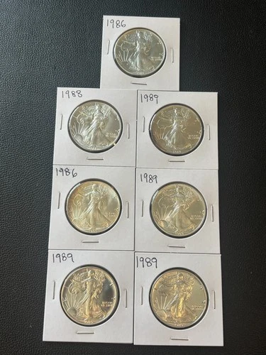 American $1 Silver Eagle 1oz .999 Lot (7) Uncirculated Coins 1986 -1989 nice mix