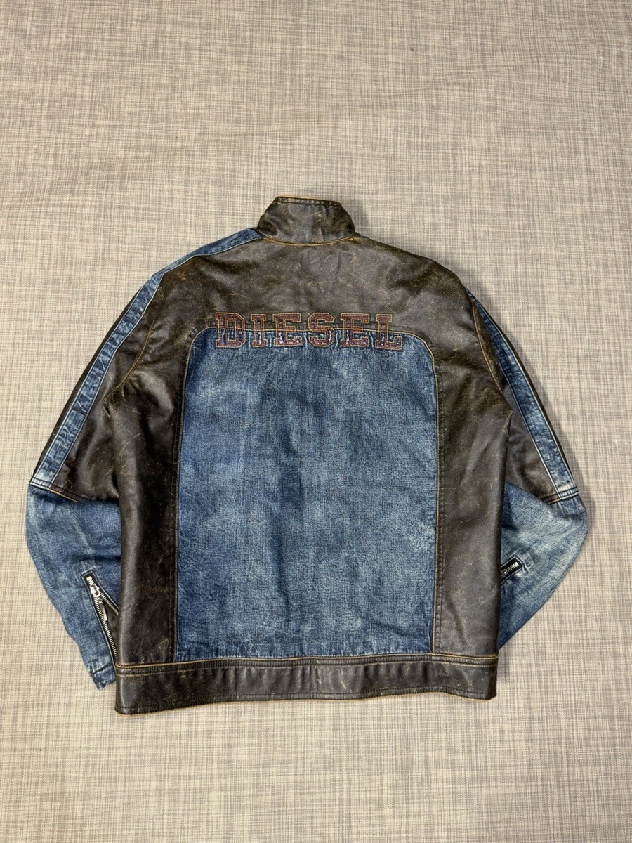 Diesel Leather Jean Jacket Mens Size XL Blue/Brown Embroidered HTF