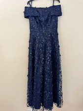 NWOT Xscape sequin floral appliqué off Shoulder gown in navy blue Size 12