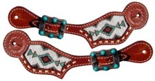 Women's Medium oil leather TURQUOISE WHITE BROWN BEADED SPUR STRAPS w/ buckle