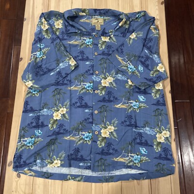 Jamacia Jaxx Men Button Up Shirt 2XL Blue Floral Hawaiian 100% Silk Loop Collar