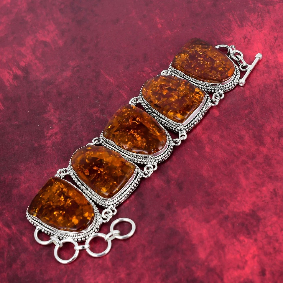 Baltic Amber Slice Gemstone 925 Sterling Silver Handmade Bracelet AAA+ Jewelry - Image 3 of 4