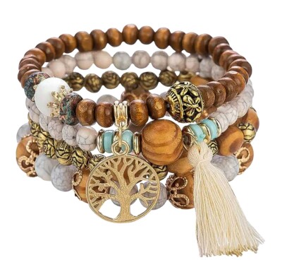 Armband ''Baum des Lebens'' Holz- und Resin Perlen mit Metallanhänger, flexibel