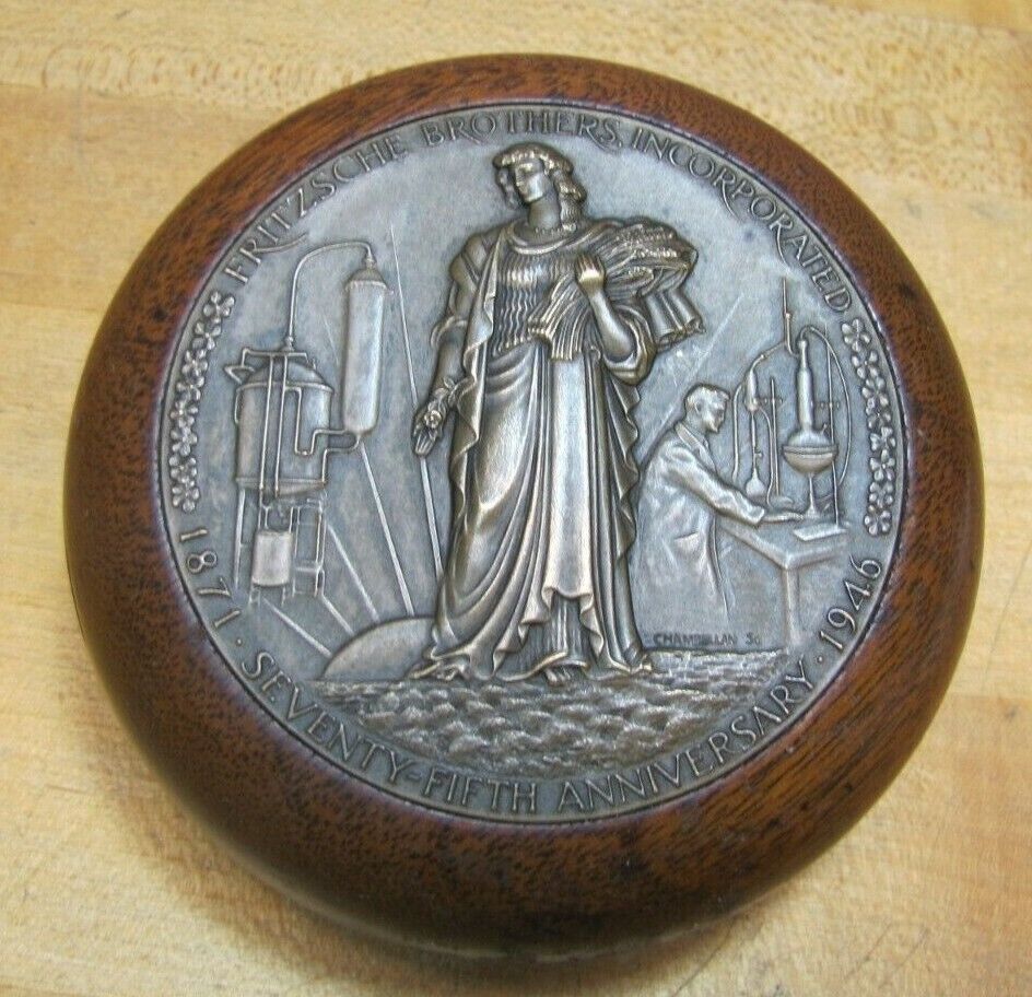 1940s FRITZSCHE BROTHERS Advertising Paperweight Bronze Medallion Wooden Base
