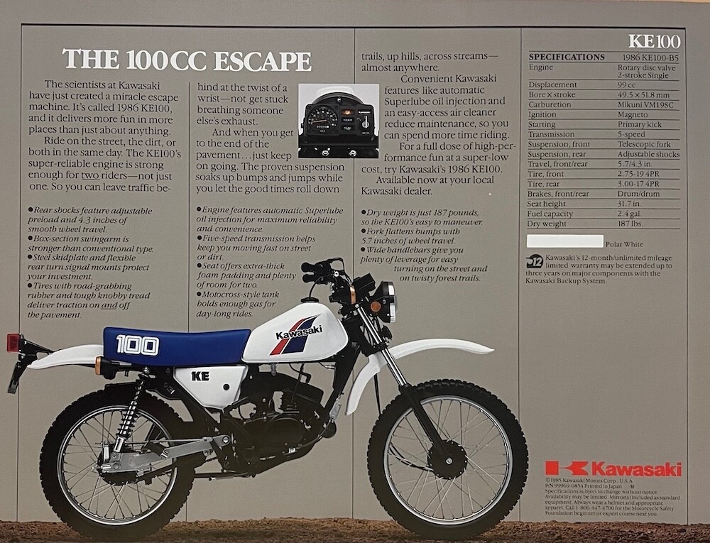1986 Kawasaki KE100 double-sided brochure-literature KE 100 B5 OEM