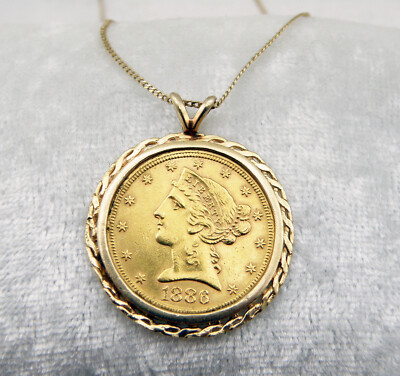 US 1886-S $5 Half Eagle Liberty Head Gold Coin Pendant, Vintage14K
