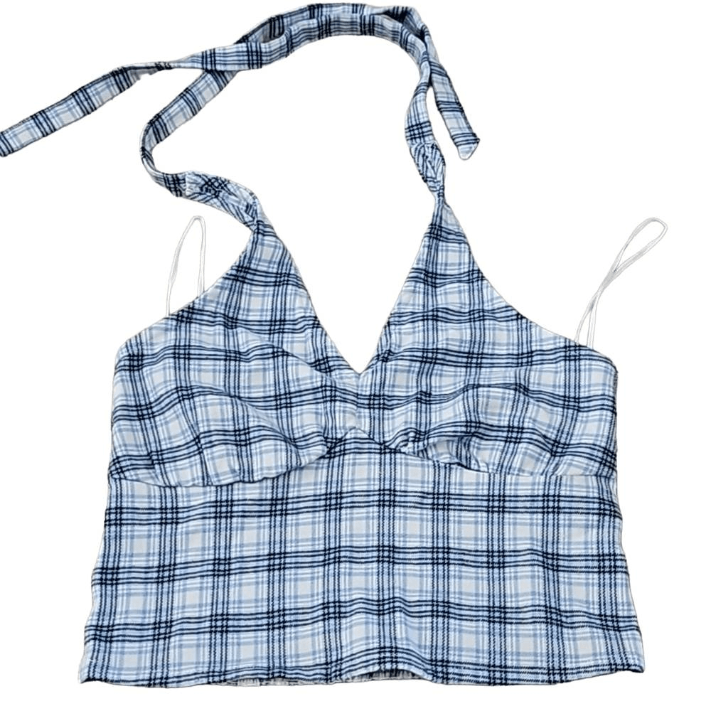 Hollister Blue Plaid Halter Crop Top Y2K Preppy Sz XS