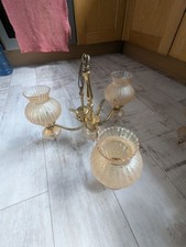 PAIR OF THREE BRANCH GLASS CEILING LIGHT FITTINGS CEILING PENDANT LIGHT (Brass?)